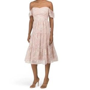 NWT  DRESS THE POPULATION Midi Dress in River Blush Multi  Tiered  size XL